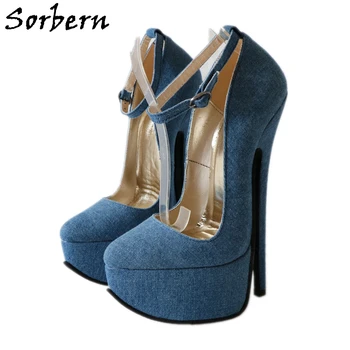 Женские туфли-лодочки Sorbern Blue Demin, Джинсы с ремешком на щиколотке, Туфли на высоком каблуке-шпильке 20 см, Платформа с острым носком, Пикантная обувь нестандартных цветов