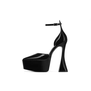 Женские черные кожаные туфли-лодочки с ремешком на щиколотке, Необычные женские босоножки на высоком каблуке с острым носком, Роскошная дизайнерская обувь, Новая мода