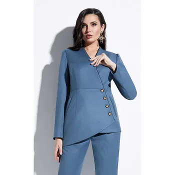Женский однотонный дизайнерский костюм-двойка (куртка + брюки) 2023, Новый модный женский блейзер высокого качества, офисный комплект
