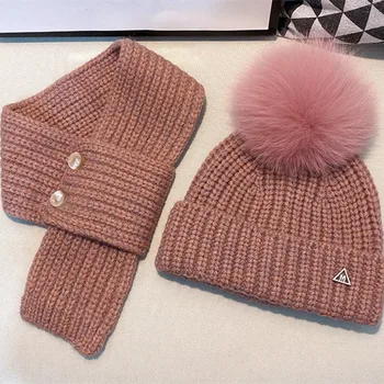 Женский шарф-шапка, комплект для вязания, шапка-шарик из натурального лисьего меха, помпоны, осенне-зимние теплые шапочки для девочек, Высокое качество