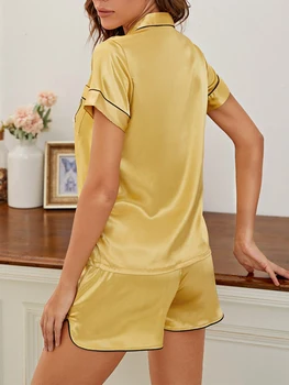 Женский шелковый пижамный комплект с кружевной отделкой, рубашка с коротким рукавом на пуговицах и шорты с эластичной резинкой на талии, одежда для отдыха, Пижамы из 2 предметов