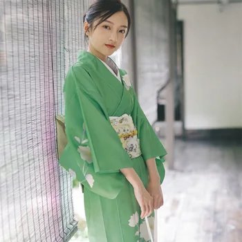 Женское длинное платье зеленого цвета в винтажном стиле, японское традиционное кимоно, одежда для фотосъемки, Костюм для косплея, халат Юката