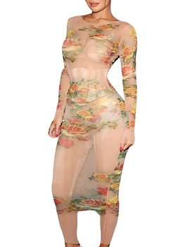 Женское прозрачное кружевное облегающее платье Миди с открытыми плечами и рюшами, Элегантное вечернее платье для коктейльной вечеринки с цветочным принтом