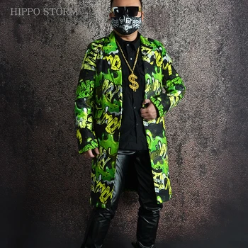 Зеленое пальто в стиле хип-хоп с граффити, удлиненный костюм, костюм с принтом, сценическое платье парикмахера, платье большого размера, мужская одежда на заказ