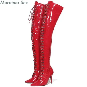 зимние красные, черные, белые сапоги, сапоги до бедра на шнуровке с острым носком, пикантные женские ботинки на высоком каблуке, эластичные сапоги из лакированной кожи