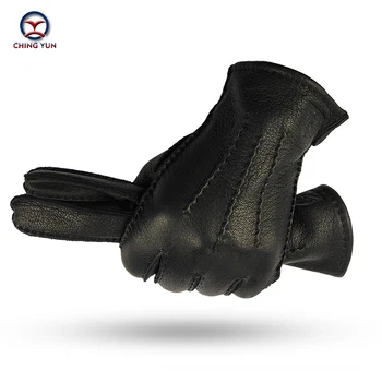 Зимние мужские перчатки из оленьей кожи ручной работы CHING YUN, мужские теплые мягкие мужские черные гофрированные перчатки с подкладкой из 70% шерсти