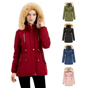 Зимняя куртка, Женское хлопковое пальто из плотного овечьего бархата, Съемный меховой воротник, Пальто с капюшоном, теплая Свободная уличная одежда, Верхняя одежда, пальто