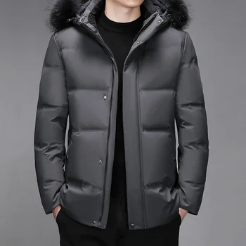 зимняя мужская меховая модная уличная теплая и ветрозащитная однотонная длинная пуховая куртка с утолщением 6808