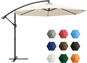 Зонт 10-футовый консольный подвесной зонт Уличный рыночный зонт с рукояткой и поперечным основанием (бежевый)