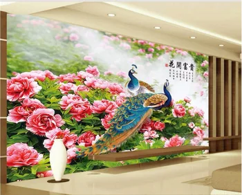Изготовленная на заказ фреска 3d обои в китайском стиле Цветы цветут Павлин пион картина 3d настенные фрески обои для стен гостиной 3 d