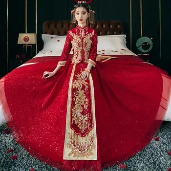 Изысканная Вышивка Блестками Свадебный Тост Шифон Чонсам Традиционное Китайское Свадебное Платье Qipao Vestidos