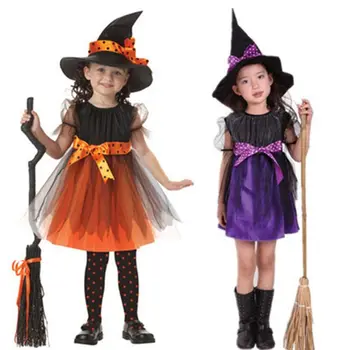 Карнавальный костюм Ведьмы для маленьких девочек, детское платье с коротким рукавом и остроконечной шляпой в горошек на Хэллоуин, реквизит для сказочной вечеринки