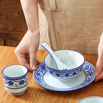Керамическая посуда, корейская сине-белая фарфоровая тарелка, чаша, ложка, наборы посуды и тарелок, Обеденный стол, кухонные принадлежности