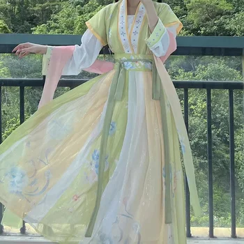 Китайский традиционный зеленый Желтый костюм Ханфу, Женское древнее платье, Восточное платье принцессы, Элегантная танцевальная одежда Династии Тан
