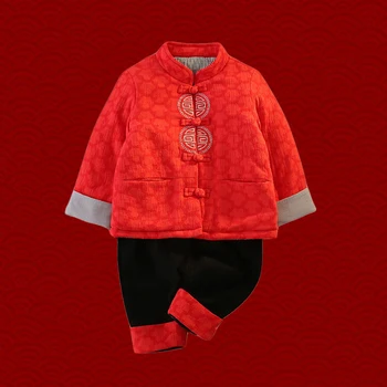 Китайский традиционный костюм Тан для новорожденных, детский красный Ханьфу, китайский новогодний наряд, подарок на День рождения, толстый хлопок, 2 шт.