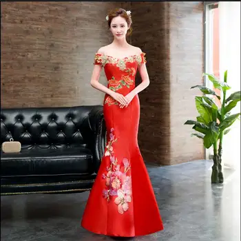 Китайское платье Красная Русалка Свадебное платье Рыбий Хвост Летняя Женская Сценическая мода