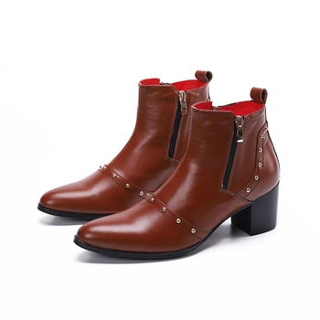 Ковбойские сапоги с острым носком на молнии в Британском стиле, Осенне-зимние короткие ботинки для отдыха, Элегантные кожаные мужские ботильоны на высоком каблуке
