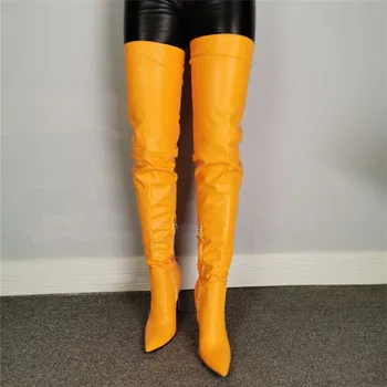 Кожаные сапоги выше колена Оранжевого цвета, Сексуальное платье с острым носком на молнии, Женские сапоги на тонком высоком каблуке, Кожаные сапоги для подиума