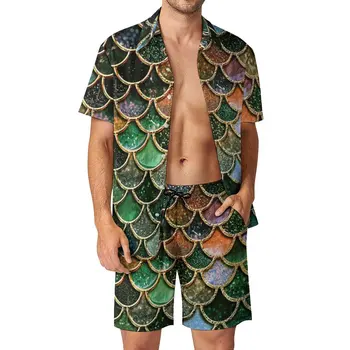 Комплект из 2 предметов, Винтажный мужской пляжный костюм с искусственным блеском и чешуей Русалки, уникальный выход, Размер Eur