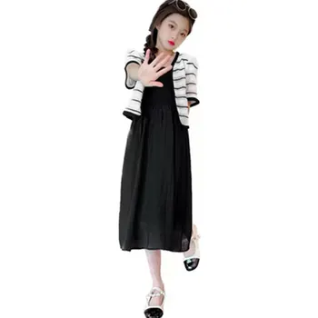Комплект одежды для девочек, модный кардиган в полоску + длинное платье, костюмы-двойки, детский подростковый костюм, Летняя корейская детская одежда