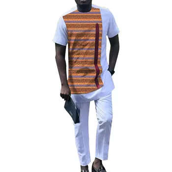Комплекты рубашек с коротким рукавом, белый мужской костюм Жениха, мужской топ в стиле пэчворк + однотонные брюки, наряды для свадьбы в африканском стиле