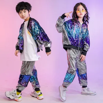 Контрастная куртка с блестками Для мальчиков, Джоггеры для бега Трусцой в стиле хип-хоп, Детские Штаны для уличных Танцев, Комплекты одежды для джаза для девочек, Детский Сценический костюм, Уличная одежда