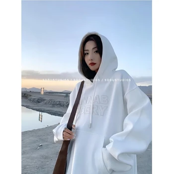 Корейская женская одежда, Винтажный Белый Мешковатый Пуловер, Модная толстовка с буквенным принтом, Ленивая Повседневная толстовка с рукавами Реглан, Осень