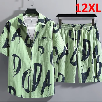 Костюмы в полоску в стиле хип-хоп, мужские летние пляжные Рубашки, Шорты, Большие Размеры 10XL 12XL, Гавайские мужские комплекты уличной одежды, Большие