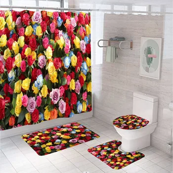 Красочные наборы занавесок для душа из свежих цветов, листья роз, Садовая ширма для купания с крышкой унитаза, коврик для декора ванной комнаты
