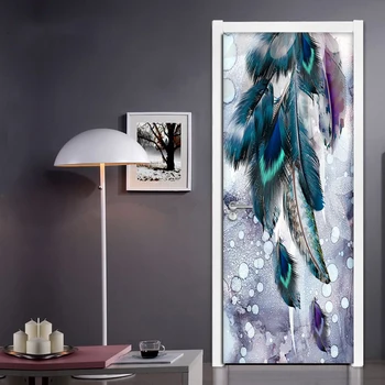 Креативная самоклеящаяся 3D наклейка на дверь, современная мода, цветное перо, настенная роспись на двери в гостиную, спальню, ПВХ, водонепроницаемые обои