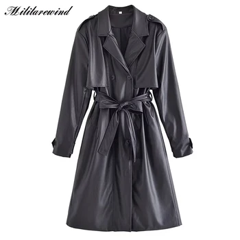 Куртка с отложным воротником из искусственной кожи, женский длинный тренч, модное ветрозащитное пальто, двубортные пальто, толстая ветровка с поясом