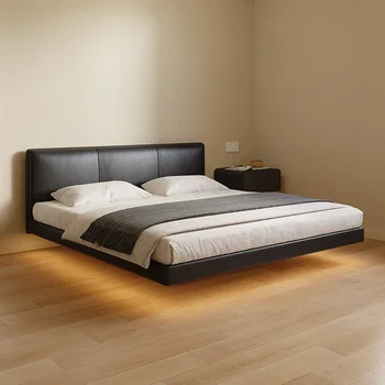 Легкая роскошная плавающая кровать, кожаная кровать, небольшая спальня для хозяев, высококачественная и минималистичная дизайнерская кровать из искусственной кожи для домашней спальни