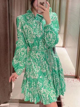 Летнее платье 2023, Новое Элегантное модное женское платье с длинным рукавом, зеленое мини-платье с принтом на талии, Офисное женское платье, Винтажная одежда