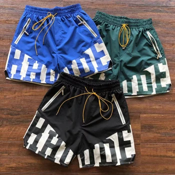 Летние лоскутные шорты с логотипом Rhude, Мужская и женская уличная одежда в стиле хип-хоп, Сетчатые бриджи на завязках с бирками, спортивные шорты, мужская одежда