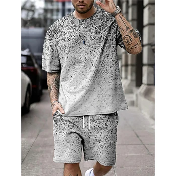 Летний Модный мужской комплект футболок с принтом в стиле ретро, топ с круглым вырезом и короткими рукавами и шорты, повседневная одежда для уличных поездок в пригороды для мужчин