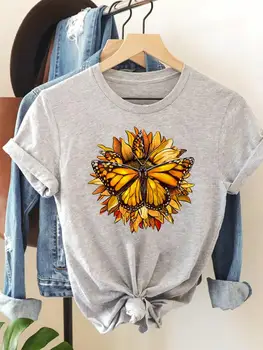 Летняя футболка с графическим рисунком, модная одежда, короткий рукав, Цветочный стиль 90-х, повседневные футболки с бабочкой, Женская одежда с принтом