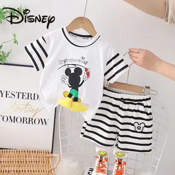 Лето 2023, Детская одежда Disney, Полосатый Комплект из двух предметов с Рисунком Микки Мауса из Мультфильма для мальчиков, Летняя Одежда с короткими рукавами, Детский костюм