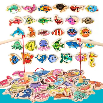 Магнитная игрушка для рыбалки для ребенка, обучающие деревянные игрушки Монтессори, Мультяшная морская жизнь, Познавательная Рыба, Интерактивная игрушка для родителей и детей