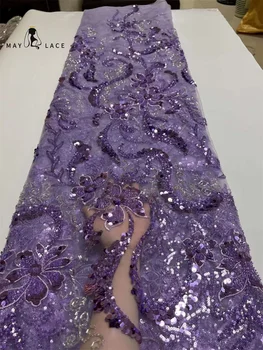 Майское Кружево, 5 Ярдов Роскошной африканской кружевной ткани с пайетками 2023, Высококачественная французская Нигерийская Кружевная ткань с бисером для шитья платья