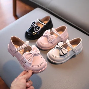 Маленькие Кожаные туфли для девочек 2022, Весенняя Новинка, Принцесса Мэри Джейнс с жемчужным бантом, детские Однотонные розовые модельные туфли в британском стиле