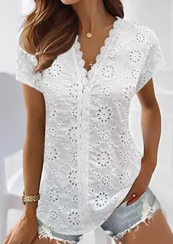 Модная женская блузка 2023, летняя новая Повседневная Элегантная однотонная футболка с V-образным вырезом, кружевная нашивка с вышивкой, рубашка для пригородных поездок
