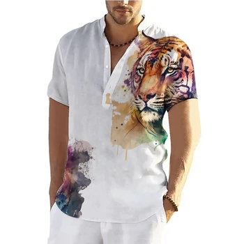 Модная рубашка со стоячим воротником, Мужская Рубашка с принтом животных, Рубашка с короткими рукавами, Предпочтительная Мужская одежда Для Уличного Пляжного отдыха
