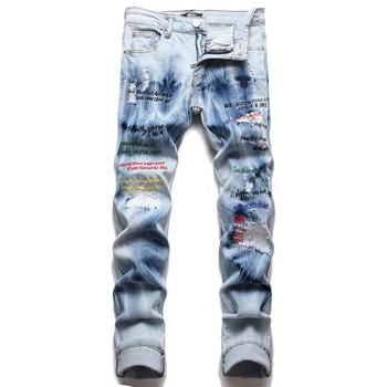Модные Мужские джинсы в стиле хип-хоп, Синие обтягивающие рваные эластичные джинсовые брюки, Мужские повседневные брюки-карандаш для бега Трусцой для мужчин