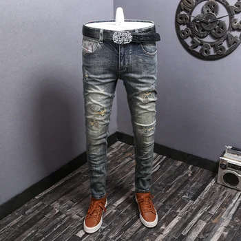 Модные Мужские джинсы в стиле Ретро, застиранные, эластичные, облегающие рваные джинсы, Мужские винтажные брюки, дизайнерские джинсовые брюки с заплатками