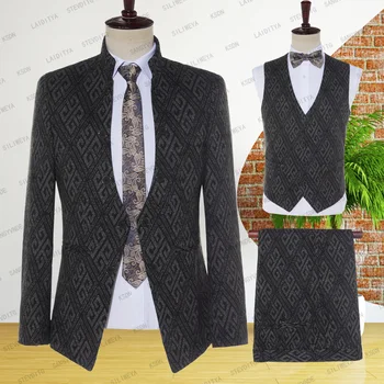 Модные черно-синие мужские деловые костюмы 2023 года с надписью Mixed Partten, приталенный крой, продажа высококачественных 3 предмета в комплекте (куртки + жилет + брюки)