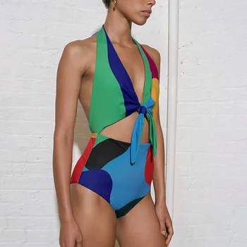 Модный цельный купальник с принтом в виде цветных блоков, Открытая спина, Сексуальный комплект бикини с открытой спиной, Пляжная одежда на бретелях 2023