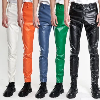 Мото Узкие Эластичные брюки из искусственной кожи, Мужские Черные Золотисто-белые Тонкие брюки из искусственной кожи, Брендовая мужская одежда