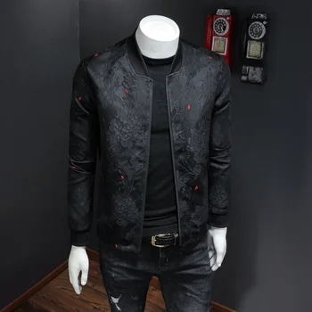 Мужская Весенне-повседневная осенняя куртка, пальто, приталенная куртка-бомбер с цветочным узором, мужская куртка-бомбер 4xl, пышная Жаккардовая черная куртка-бомбер, мужская