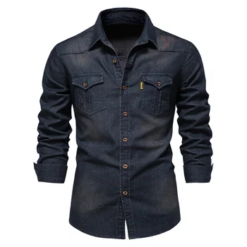 Мужская джинсовая рубашка с длинным рукавом, качественные ковбойские рубашки для мужчин, Повседневная Приталенная мужская Дизайнерская одежда