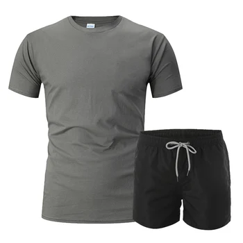 Мужская летняя футболка, Шорты, комплект из двух частей с коротким рукавом, шорты, Модная летняя спортивная одежда для бега
